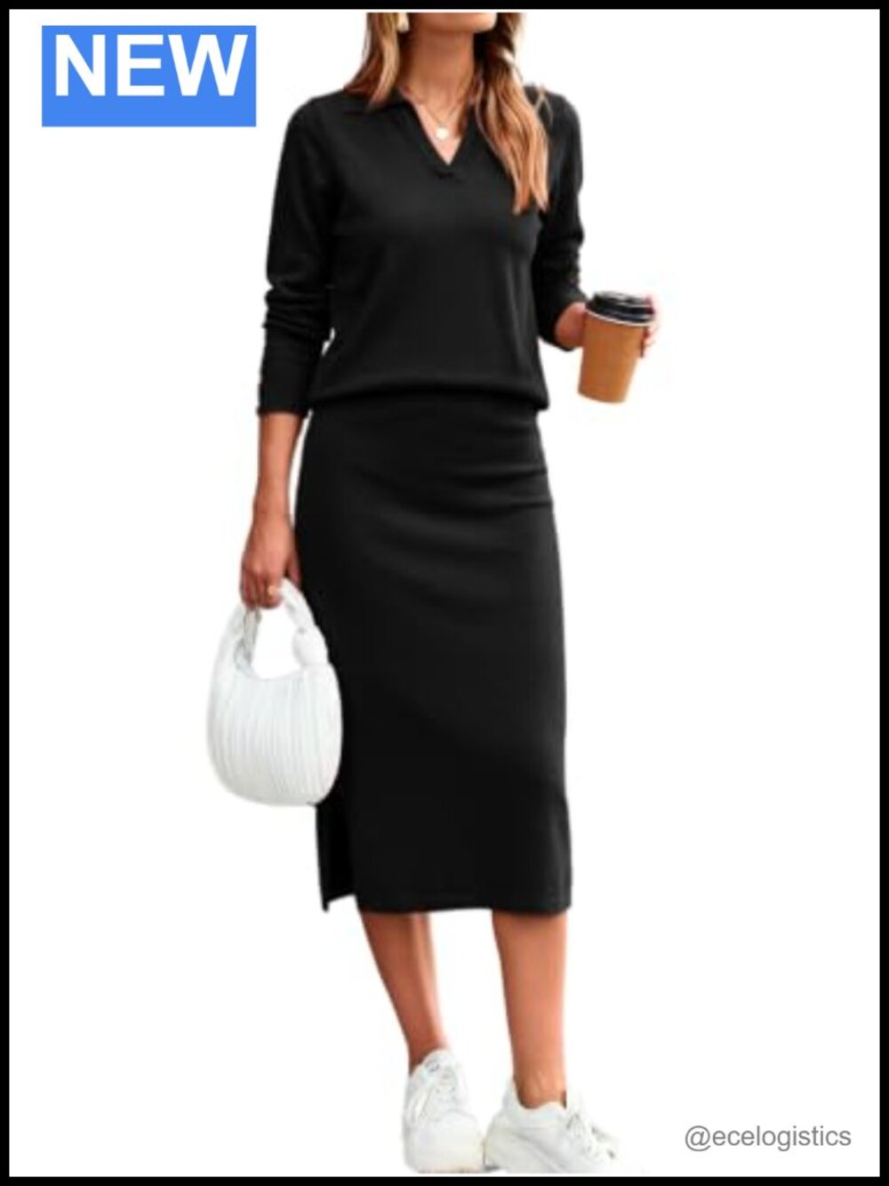 Women's 2 Piece Knit Skirt Set Striped Polo Neck Long Sleeve Midi Fall Outfit